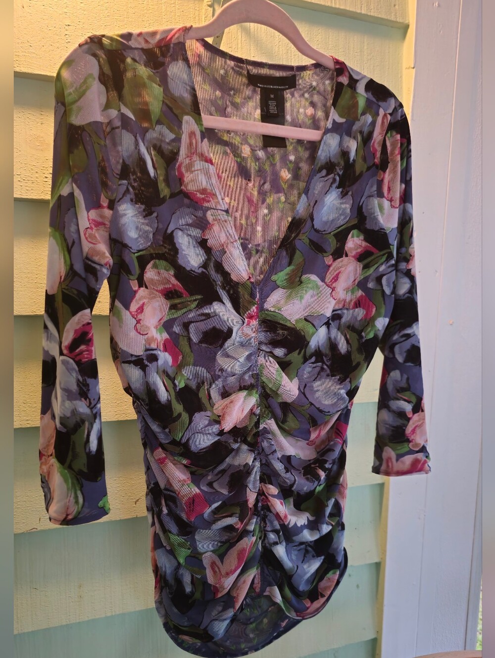 WHBM White House Black Market Reversible Floral Mesh Ruched Top M